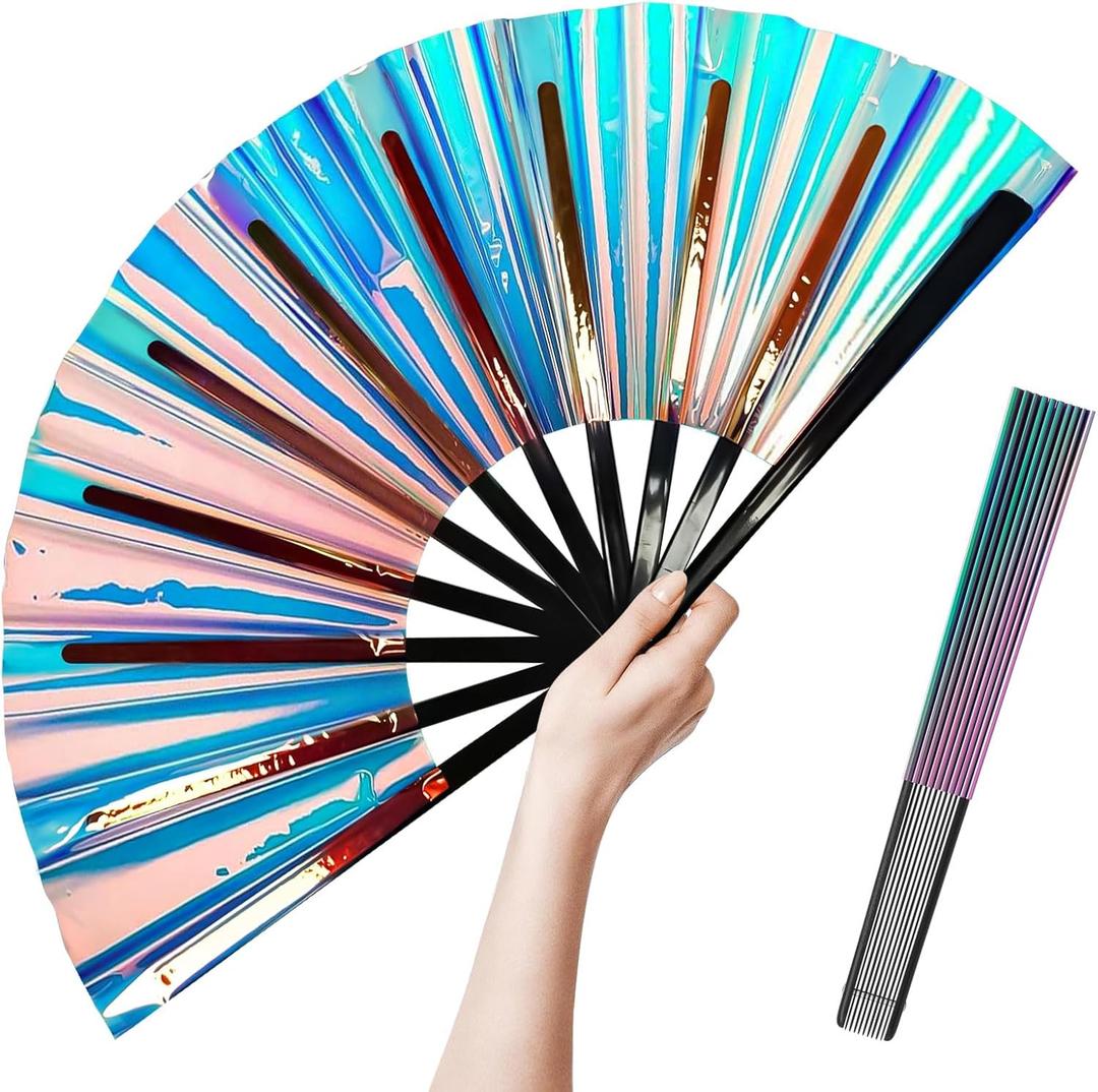 Fans for Line Dancing - Boots on The Ground Hand Fan - Large Clack Hand Rave Fan - Holographic Folding Popping Line Dance Fan - Foldable Handheld Clacking Fans - Dance Enthusiasts Gift (Light Blue)