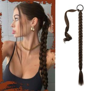 SOFEIYAN Long Braid Ponytail Extension with Hair Tie Straight Sleek Wrap Around Hair Extensions Braid Pony Tail Fluffy Natural Soft Synthetic Hairpieces for Women Daily Wear, 26 inch (Black Mixed with Browns)