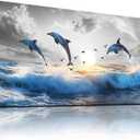 WLWBINTING Dolphin Canvas Prints Wall Art For Bedroom Large Wall Decor For Living Room Modern Office Decoration Blue Ocean Seascape Painting Sea Wave Sunrise Pictures Artwork Home Decor Mural
