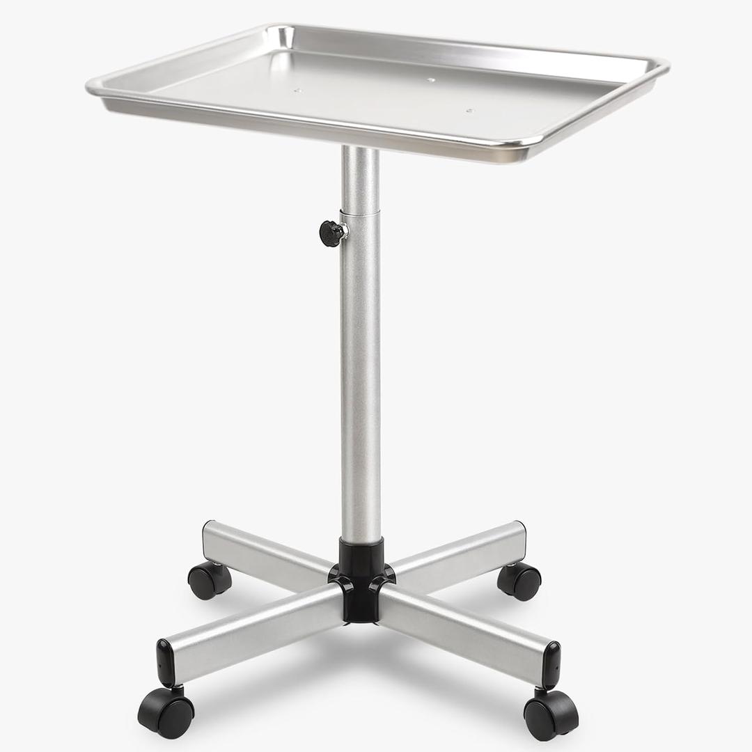 Salon Tray on Wheels Height Adjustable Metal Rolling Tray for Tattoo, Hair Salon & Spa, Silver