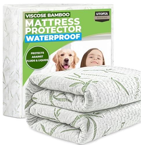 Utopia Bedding Waterproof Mattress Protector King Size Bed, Premium 200 GSM Bamboo Viscose Cooling Mattress Cover, Soft and Breathable, Fitted Style with 17 Inches Deep Stretchable Pockets (White)