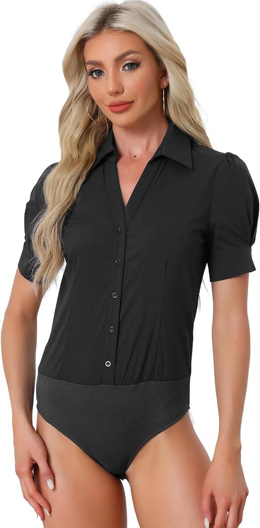 Allegra K Women's Button Down Leotard Shirt Short Sleeve Collared Business Work Bodysuit Tops Small Black