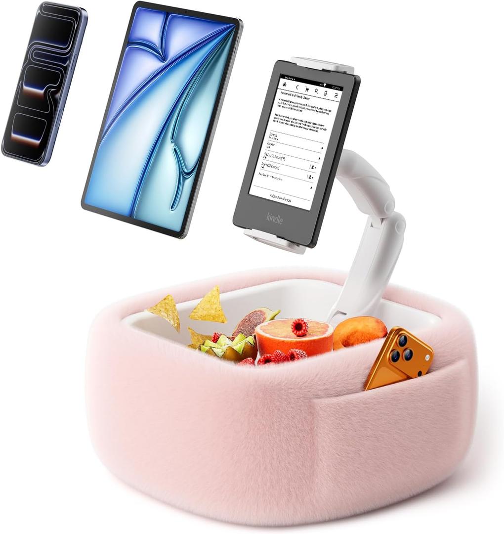 LULULOOK Ultra Fluffy Kindle Pillow Stand for Reading, Lap Tablet Pillow Stand with Snack Bowl & Foldable Arm Compatible with iPad, Phone and 4.7-14.6 Tablet for Book Reading in Bed (Snug Pink)