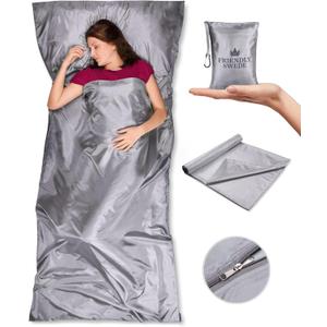 The Friendly Swede Sleeping Bag Liner  Ultralight Polyester or Cold Weather Microfiber Adult Sleep Sack; Thin Travel Sheets for Hotel; Camping Sheets; Travel Sleeping Bag with Pocket-Size Stuff Sack (Grey Polyester - with Zipper - XL)