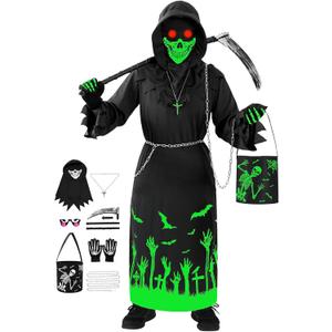 Invoibler Halloween Grim Reaper Costume Set for Kids Glow in the Dark Robe Scary Costumes with Scythe Glowing Red Eyes (M(45in,Age:8-10))