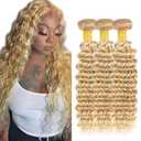 P27/613 Highlight Blonde Bundles Deep Wave Bundles Human Hair 34 34 34 Inch Unprocessed Brazilian Virgin Weave Hairs Honey Blonde 3 Bundle 50 Gram Per Bundle Human Hair Extensions