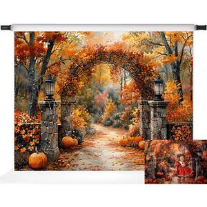 Kate Autumn Stone Arch Backdrops Pumpkin Photo Backdrop Fall Leaves Scenery Photography Backdrops for Seasonal Party Photo Studio Props, 10x6.5ft