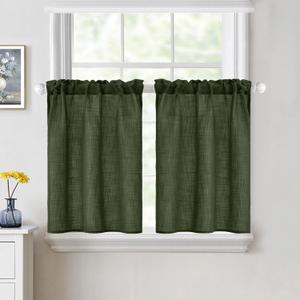 MIULEE Cafe Curtains 30 Inch Length Half Window Curtain Semi Sheer Farmhouse Short Linen Drapes for Kitchen Bathroom Basement Small Window, Rod Pocket Tier Curtains 2 Panels W26XL30, Olive Green