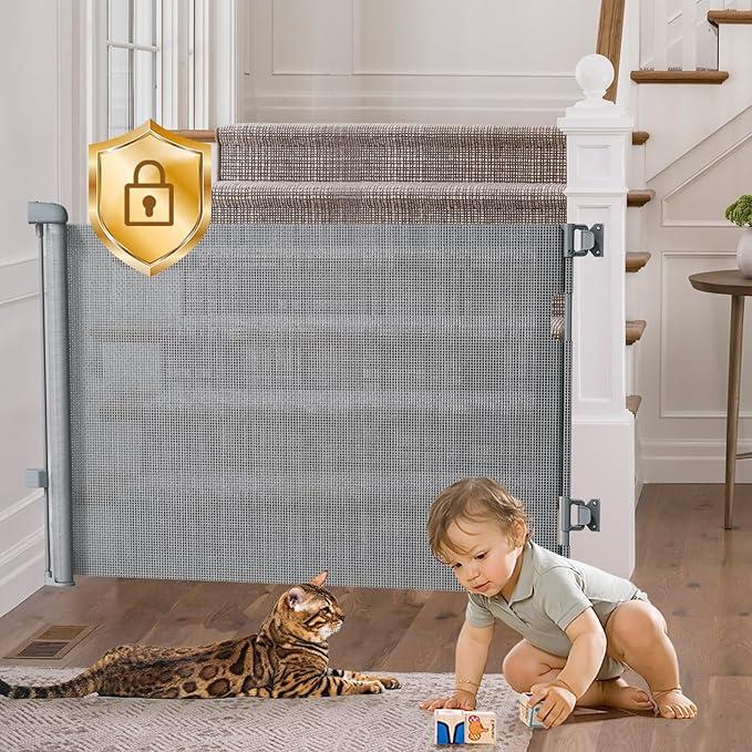MOMYMUST Retractable Baby Gates for Stairs Doorways with Auto-Lock, 33" Tall x 55" Wide Mesh Baby/Dog/Pet/Cat Gate Safety Double Locking, Durable Child Gate for Hallways Kitchen Indoor/Outdoor