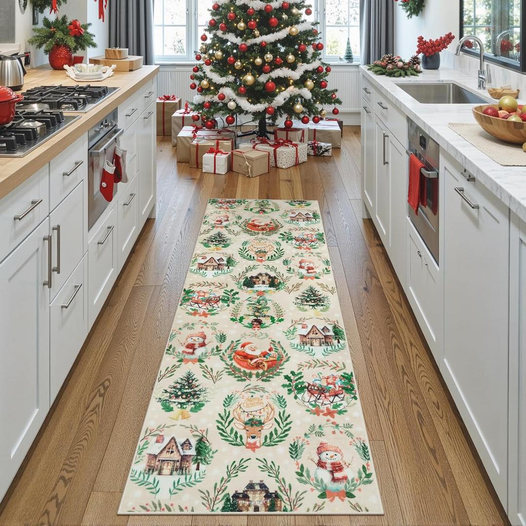 Anidaroel 2x6 Washable Christmas Runner Rug Non Slip Hallway Runner Rug, Christmas Kitchen Rug Xmas Holiday Rugs Indoor Entryway Carpet Runner, Low Pile Front Door Mat for Entry Fireplace, Beige