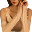 Women Long Fingerless Sheer Wedding Gloves Pearl Tulle Elbow Length Arm Sleeves for Bridal Princess Dress (White)