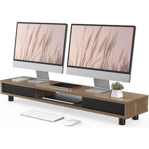 Fenge Dual Monitor Stand, 42.5inch Long Monitor Stands Riser for 2 Monitors, Sliding Door with Storage Organizer Stand for Desk, 2 Tier Desk Shelf for Laptop, Pc, Printer, Computer, TV