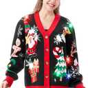 Giggling Getup Women Ugly Christmas Cardigan Sweaters, Funny Light Up V-Neck Ugly Christmas Sweater for Women 2025 (Medium, Black Santa)