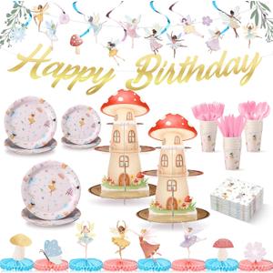 258 Pcs Fairy Birthday Party Decorations Include Disposable Fairy Paper Plate Napkin Teacup Saucer Cupcake Stand Centerpiece Bunting Banner Hanging Decoration Spring Ballet Forest Birthday Baby Shower