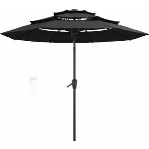 10FT Patio Umbrella 3 Tiers Outdoor Market Umbrella w/Push Button Tilt, Crank, UV and Waterproof Table Umbrella for Garden, Pool, Backyard, Deck, Lawn, Black