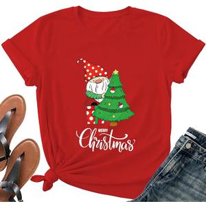 Merry Christmas Shirts for Women - Xmas Bow Short Sleeve Festive Holiday Pink Ribbon Tee Tops, Large
