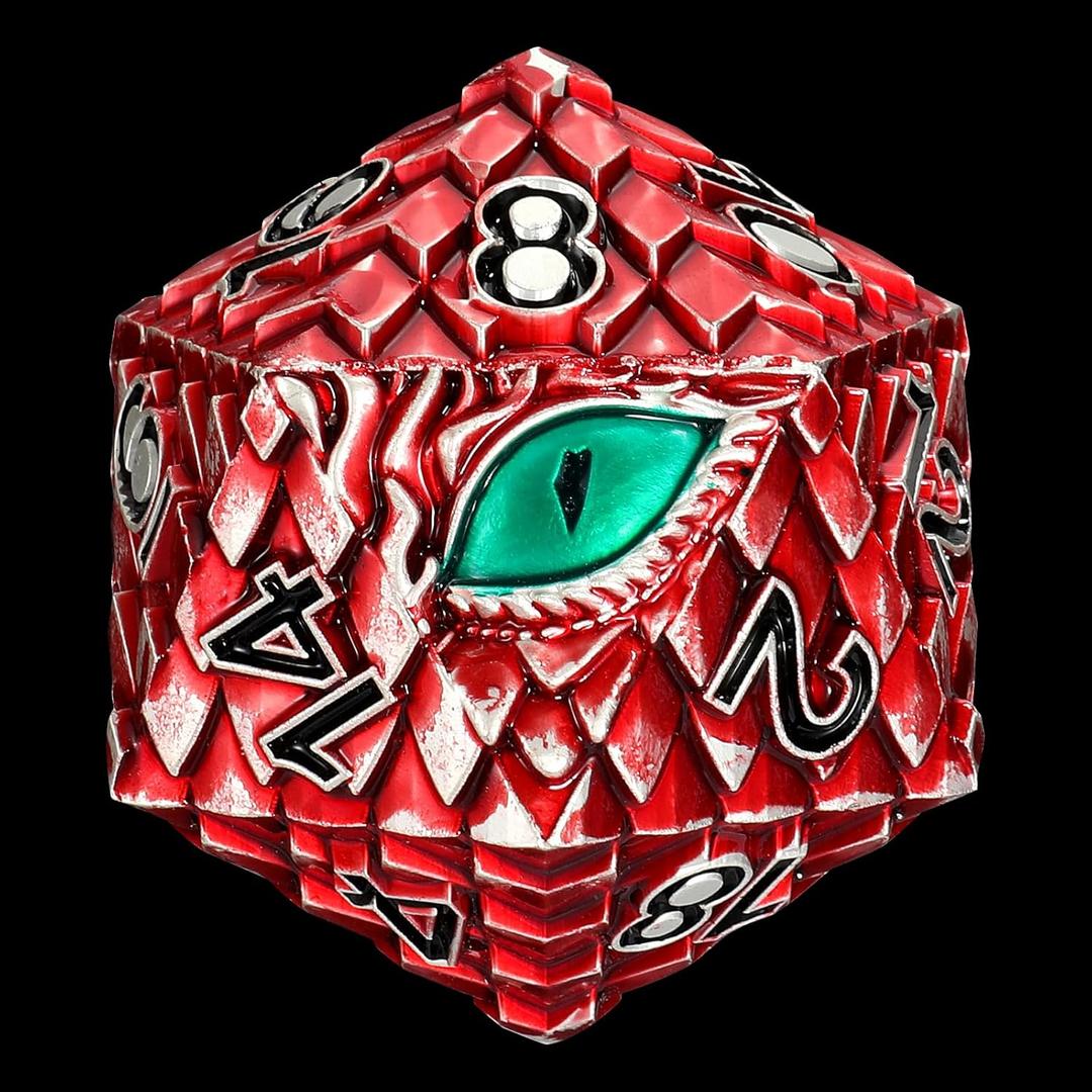 Dragon Eye Scale Metal Dice,33mm 20 Sided Giant D20, Large Polyhedral Dice, Metal Dice Set for TTRPG Tabletop Gaming,Dungeon Masters,RPG Adventures(Red with Green Eye)
