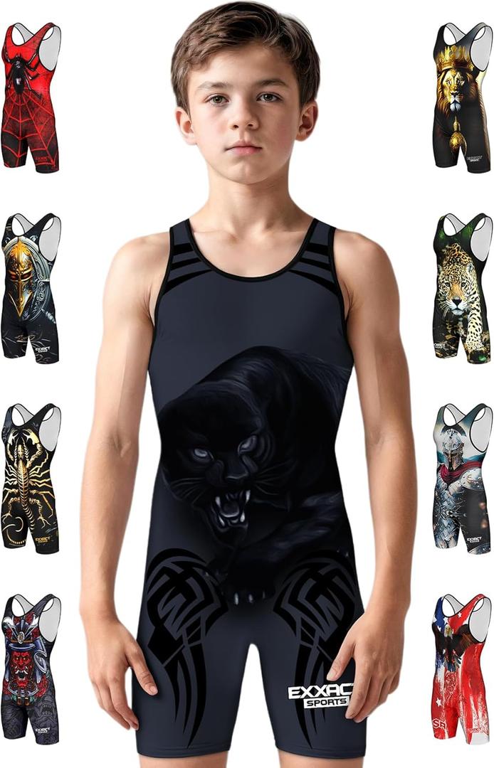 Exxact Sports Sublimated Adult & Youth Wrestling Singlet - Premium Powerlifting Singlet for Men & Boys, Unisex Singlets (Black Panther)