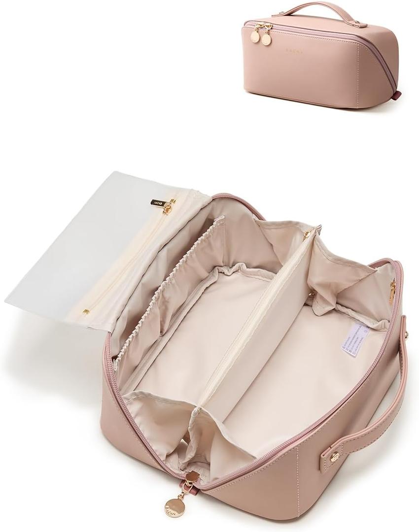 EACHY Travel Makeup Bag, 2.0 Cosmetic Bag for Women, Waterproof PU Leather,Flat Open Portable Toiletry Bag for Skincare, Brushes & Travel Essentials