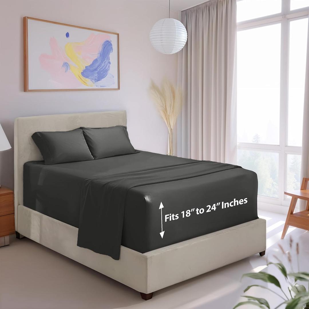 Hearth & Harbor Extra Deep Pocket California King Sheet Set - 4 Piece Ultra Soft & Breathable Bed Sheets Set - Fits Up to 24" Mattress - Hotel Luxury Bed Sheet Set, Dark Grey