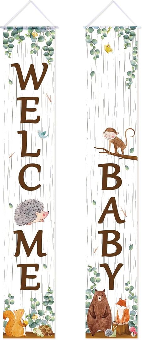 Outdoor Woodland Animal Porch Sign for Baby Shower Party Decorations Animal Banner Baby Hanging Banner for Home Boy or Girl Woodland Creatures Forest Welcome Party Supplies