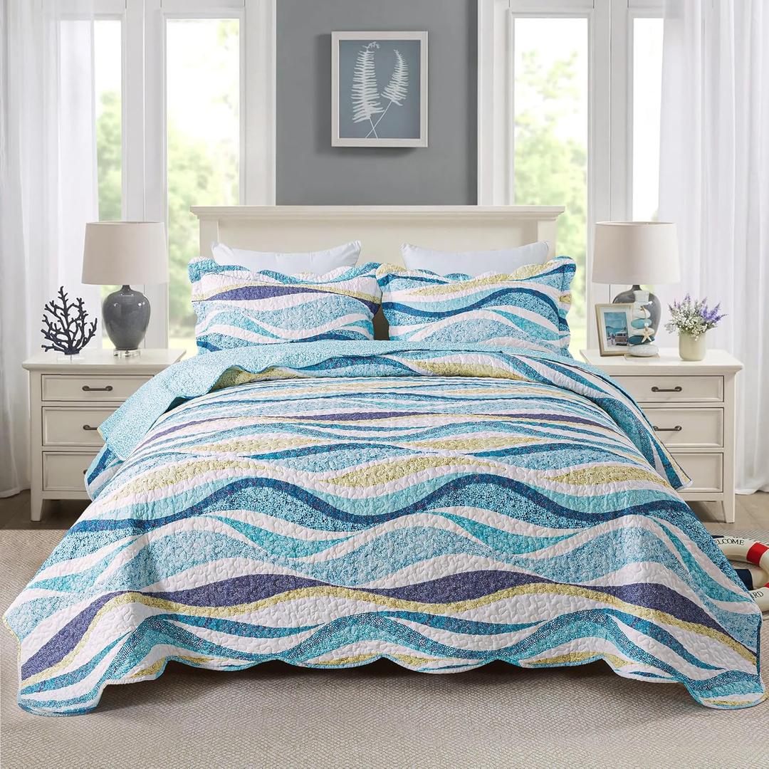 HoneiLife Ocean Quilt Queen Size - 3 Pieces Beach Quilt Sets Coastal Bedspreads Nautical Coverlets Lightweight Bed Cover, Queen Quilt Bedding Set All Season Quilts (Queen/Full-90"x96", Flowing Sands-yellow)