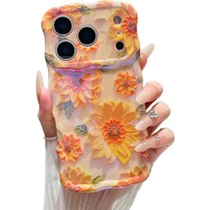 XIZYO Case for iPhone 17 Pro Max, Colorful Retro Oil Painting Flower Cute Floral Aesthetic Curly Wave Frame Laser Glossy Reflective Exquisite Stylish Protective Cover Women Girls-Sunflower/Yellow