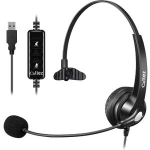 Callez USB Headset with Microphone Noise Cancelling & Audio Controls, Wideband Computer Headphones for Business UC Skype Lync Softphone Call Center Office, Clearer Voice, Super Light, Ultra Comfort (Black)