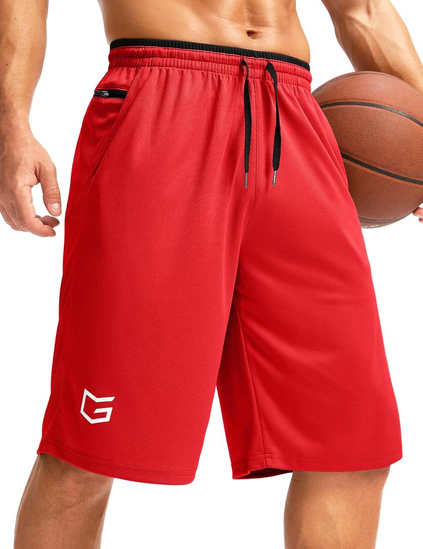 G Gradual Men's Long Basketball Shorts with Zipper Pocket 9"/11'' Quick Dry Gym Shorts Lightweight Athletic Shorts for Men (Red, XXL)