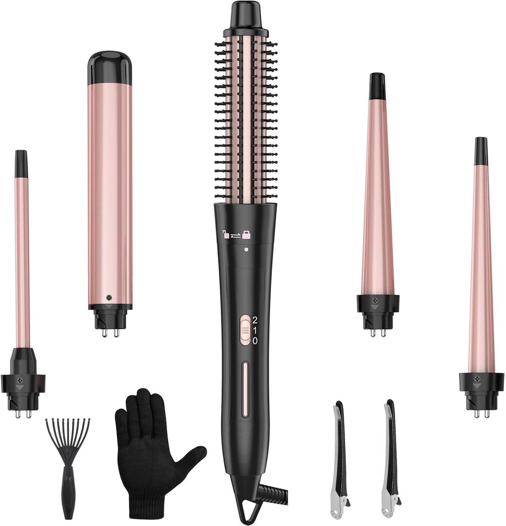 5 in 1 Curling Wand Set with Thermal Brush & Ceramic Barrels (0.35"-1.25"), Instant Heat Up, Dual Voltage Hair Curler, Perfect for Long Short Hair, and All Hair Types, Gift for Women