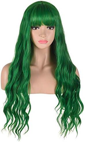 AMZCOS Long Wavy Green Wig with Bangs | Heat Resistant Synthetic Hair Wigs for Women Halloween Costume Cosplay Party