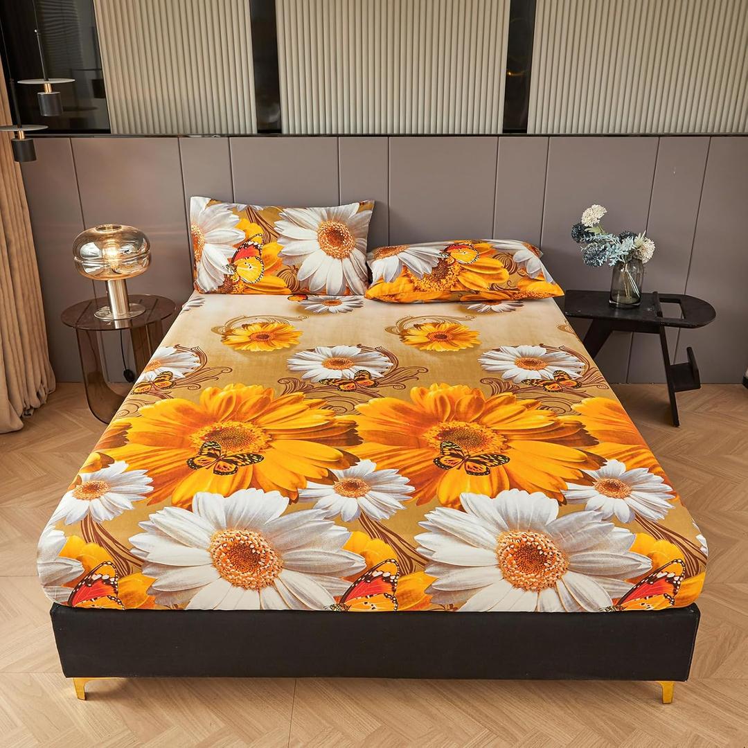 LweiPsqLin Full Floral Fitted Sheet - Soft Microfiber Bed Sheet with 15 Inch Deep Pocket, Shrink & Fade Resistant, Breathable Botanical Print Bottom Sheet
