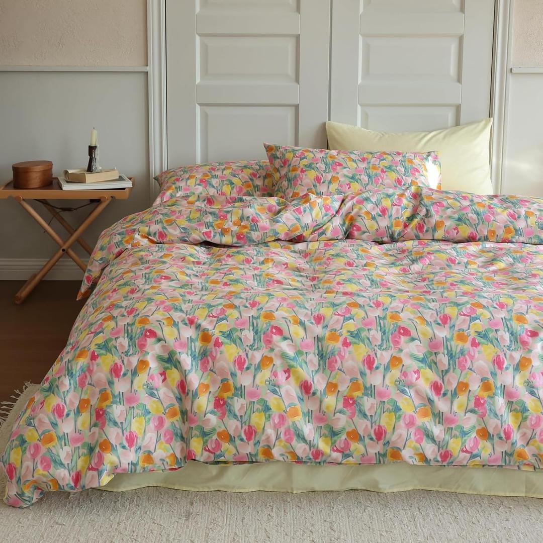 LIWHENHAO Floral Duvet Cover Set Twin 100% Cotton Bedding Pink Yellow Red Orange Rose Flower Print 1 Kawaii Garden Comforter Cover Zipper Closure 2 Pillowcases for Kids Girls Boys, Twin (68x86 Inch)