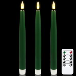 GenSwin Flameless Taper Candles with Remote Timer, Real Wax LED Flickering Candlesticks Battery Operated 3D Wick for Wedding, Party, Home(Christmas Green, 9.84", Set of 3)