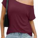 EasyGala Womens Off Shoulder Tops Sexy Short Sleeve Shirts Rolled Sleeve Loose T Shirts Summer Going Out Clothes 2026, L