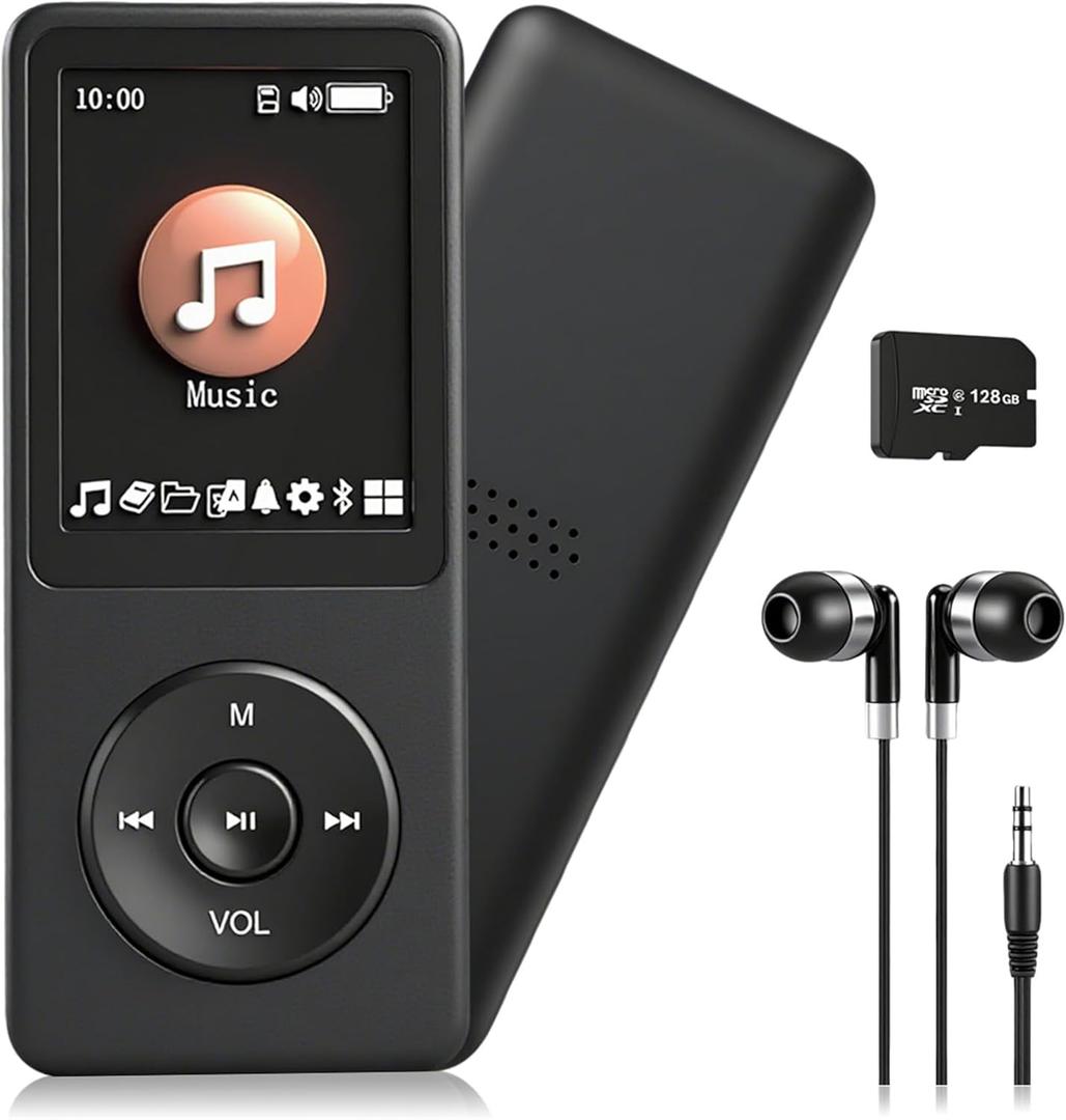 128GB MP3 Player with Bluetooth 5.2 Portable Multi-Function Music Player with HD Speaker, FM Radio, Voice Recorder, E-Book Slim Design Metal Shell (Earphones Included), Black