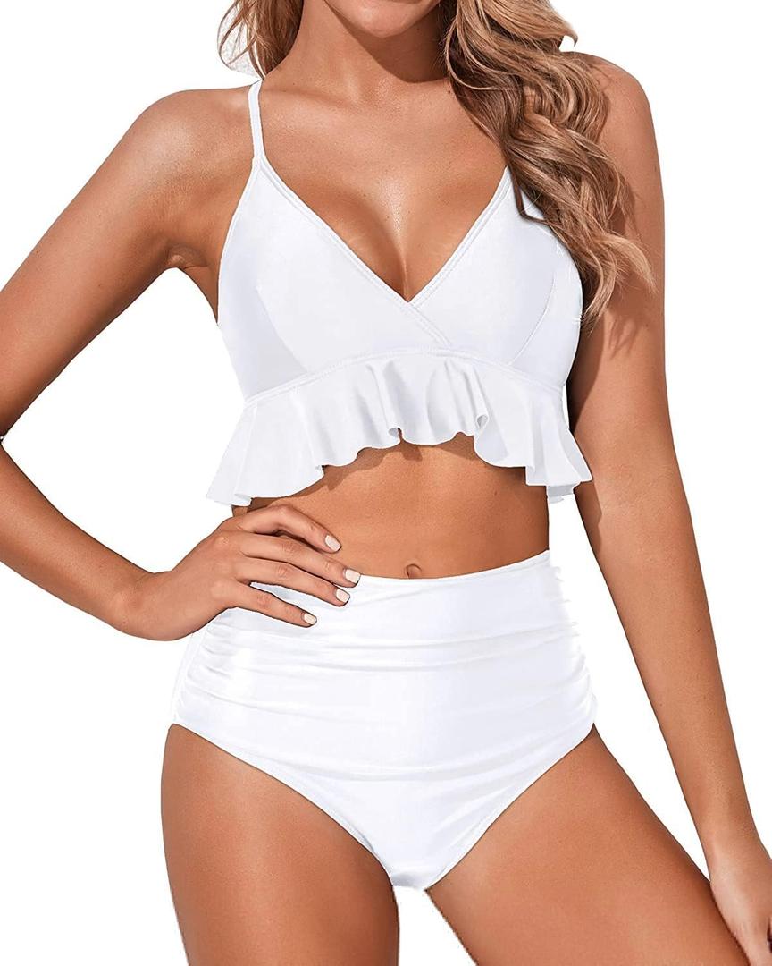 Tempt Me Women Two Piece Swimsuits High Waisted Bikini Set Ruffle Flounce Tummy Control Bottoms Bathing Suit (Small, White)