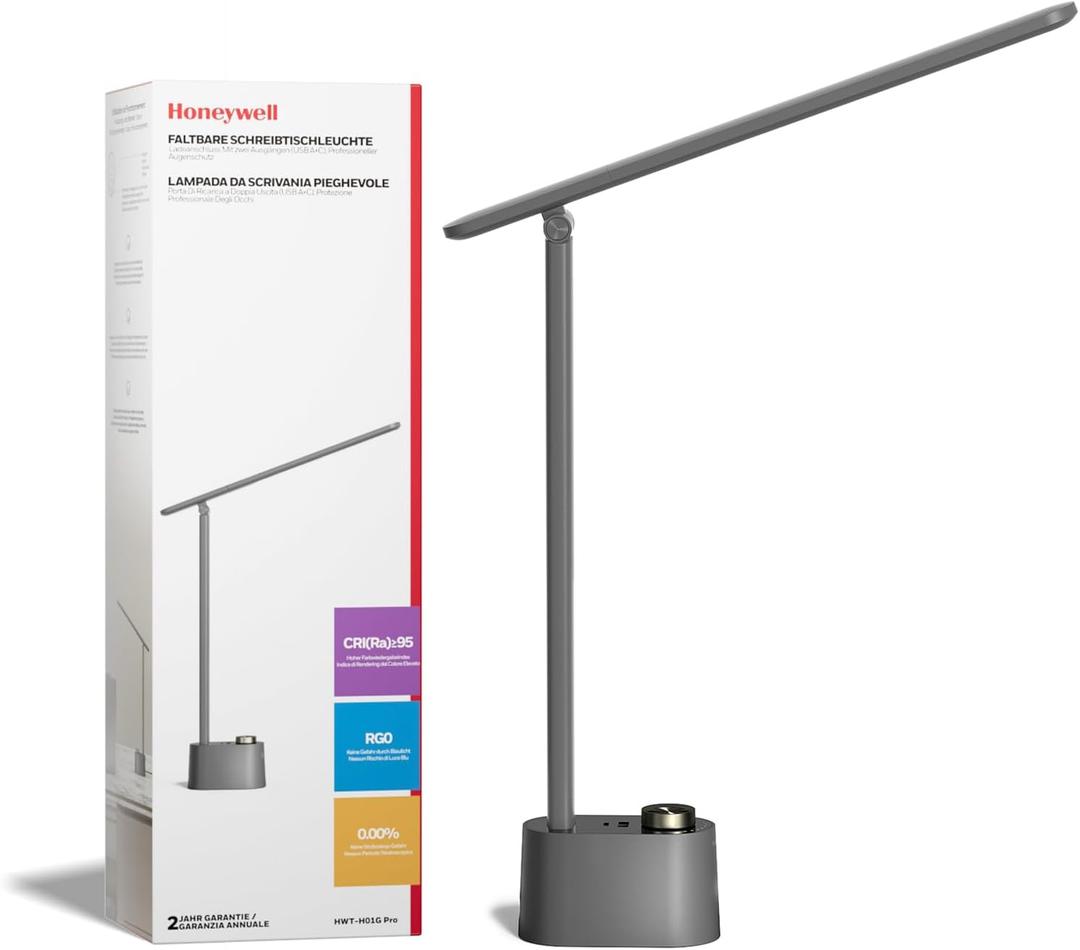 HONEYWELL Upgraded LED Desk Lamp - H01 Pro Sunturalux Foldable Desk Light with USB A+C Charging Port, 3 Color Modes Dimmable Table Lamp for Home Office Reading(Grey)