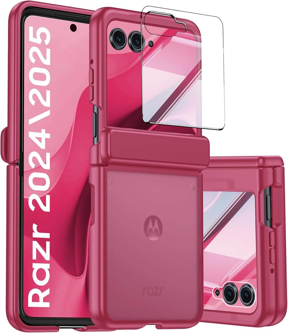 For Motorola Razr 2025 Case/Razr 2024 Case with Hinge Protection, Screen Protector, Ultra-Thin Skin Feel Translucent Frosted, Shockproof Cover for Razr 2025/2024-Rose Red (NOT for Plus/Ultra)
