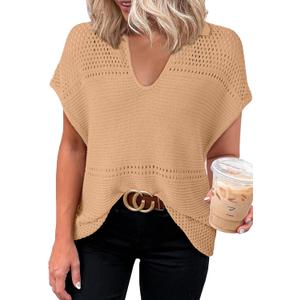 Dokotoo Womens Tops 2026 Summer Spring Casual V Neck Short Sleeve Sweater Crochet Tops Casual Dressy Blouses (Beige, XL)