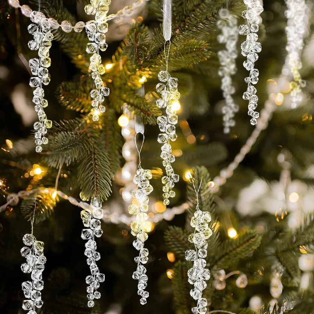 24 Pcs Christmas Clear Crystal Ornaments 4.7 Crystal Teardrop Acrylic Ice Beads Hanging Tree Decorations Chandelier Garland Drop Pendant for Xmas Tree Winter Party Decoration Supplies
