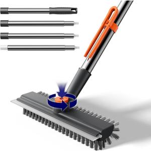 Small Floor Scrub Brush with Length Adjustable Long Handle, 3 in 1 Heavy-Duty Stiff Bristle Scrubber Brush with Squeegee and Tweezer for Cleaning Bathroom, Tile, Deck, Patio, Garage and Kitchen