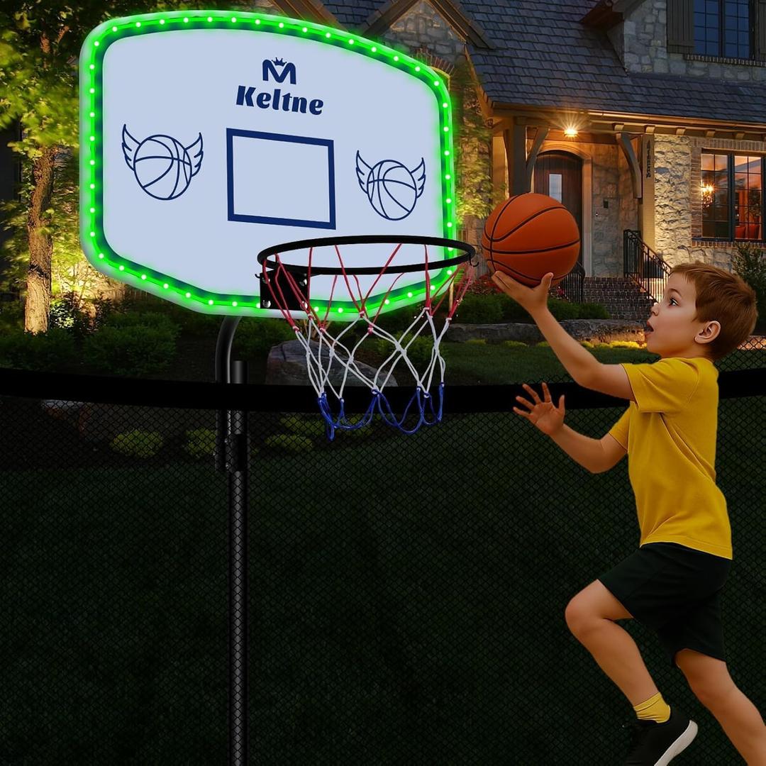 Large Solar Trampoline Basketball Hoop with Lights, 28.2"x19.7" Backboard, Fits Diameter 25mm-32mm Straight & Curved Pole, Universal Trampoline Basketball Hoop Attachment with Ball & Pump for Outdoor