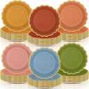 96 Pcs Fall Wildflower Color Paper Plates 9 Inch Colorful Boho Scalloped Paper Disposable Dinner Dessert Plates for Autumn Thanksgiving Birthday Wedding Bridal Party Supplies, 6 Colors