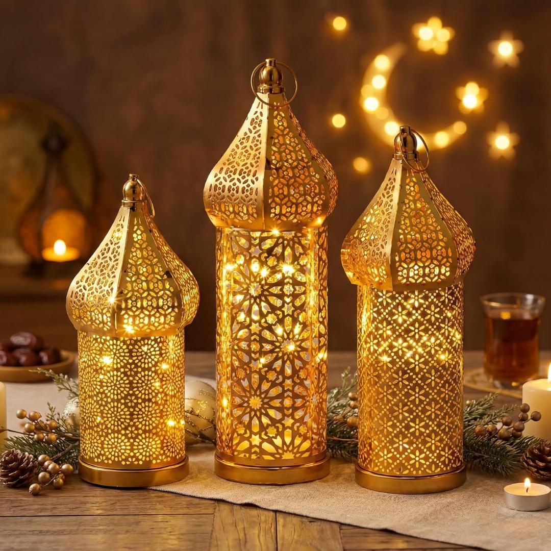 Set of 3 Ramadan Lanterns Eid Decorations 14" 13" 11" LED Large Candle Gold Lantern Metal Moroccan Lanterns with Lights Ramadan Decor for Table, Wall, Patio, Porch, Indoor Outdoor