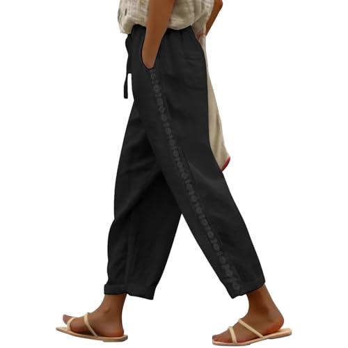 Puimentiua Women Linen Pants Lightweight Pants with Lace Side Summer Casual Beach Drawstring Elastic Waist Trousers Black, Medium, Black 