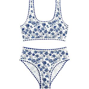 Women's 2 Piece Floral Print Bikini Set Y2K Tankini Set Boho High Waist Swimsuit Full Coverage Bathing Suit Beachwear (Large, Blue)