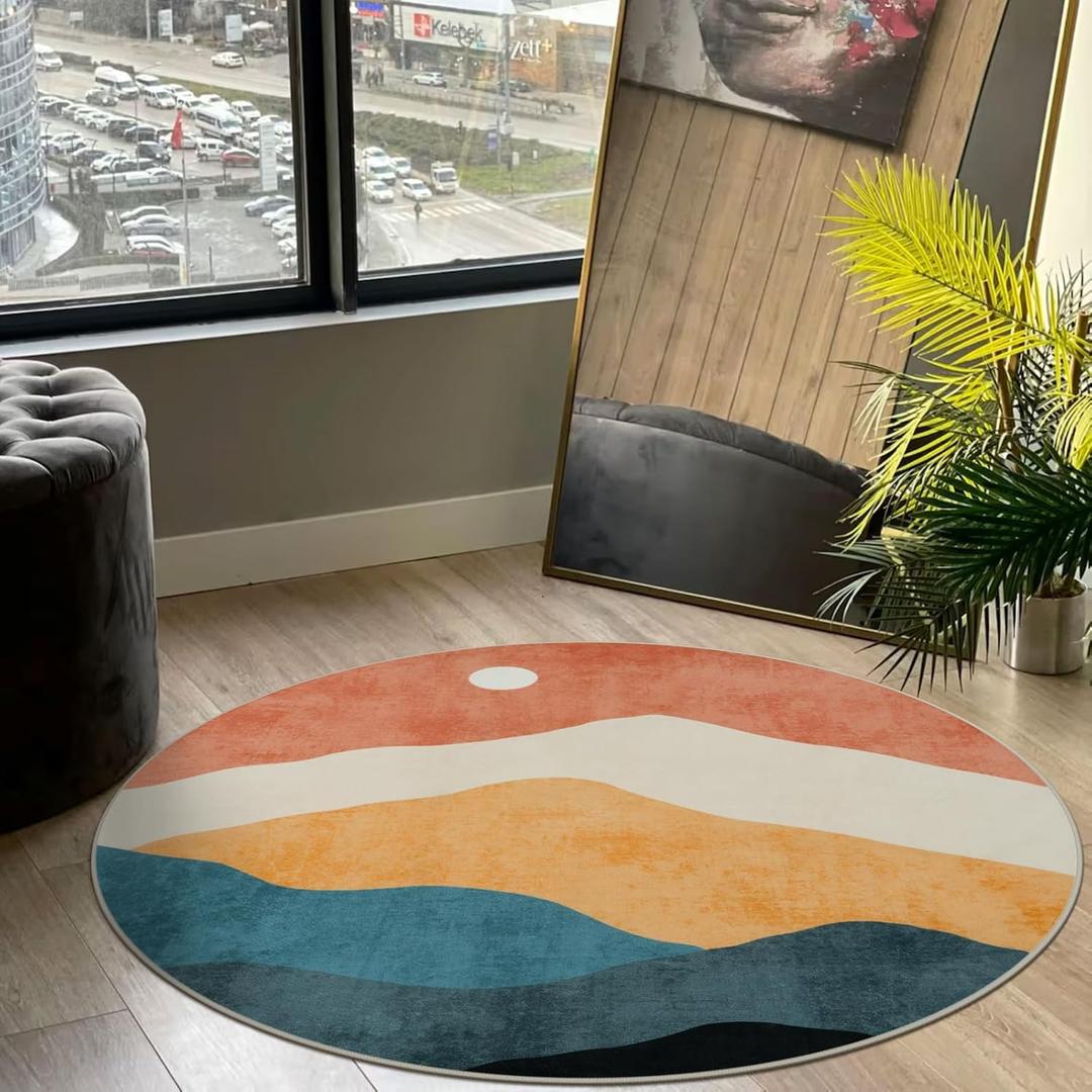5 ft Abstract Round Rugs for Bedroom, Washable Non-Slip Circle Rug, Soft Colorful Low-Pile Floor Mat, Lightweight Indoor Throw Rugs for Living Room, Kidsroom, Entryway, Dining Room, Foyer