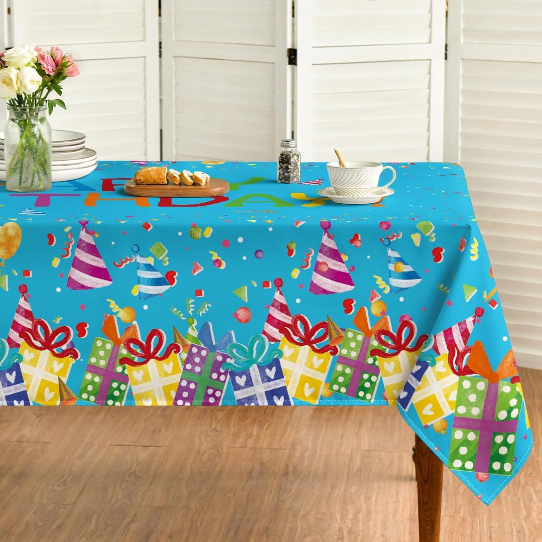 Horaldaily Birthday Tablecloth 52x70 Inch Rectangular, Happy Birthday Ballon Blue Washable Seasonal Table Cover for Party Picnic Dinner Decor