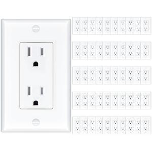 Amico 50 Pack Wall Outlet, 15 Amp Outlets, UL Listed, Tamper Resistant Standard Electrical Outlet, Decorator Receptacle with Wall Plate, Suitable for Home and Business, 125V/1875W, White